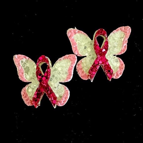 Jewelry - NEW White & Pink Butterfly Breast Cancer Awareness PU Leather Earrings